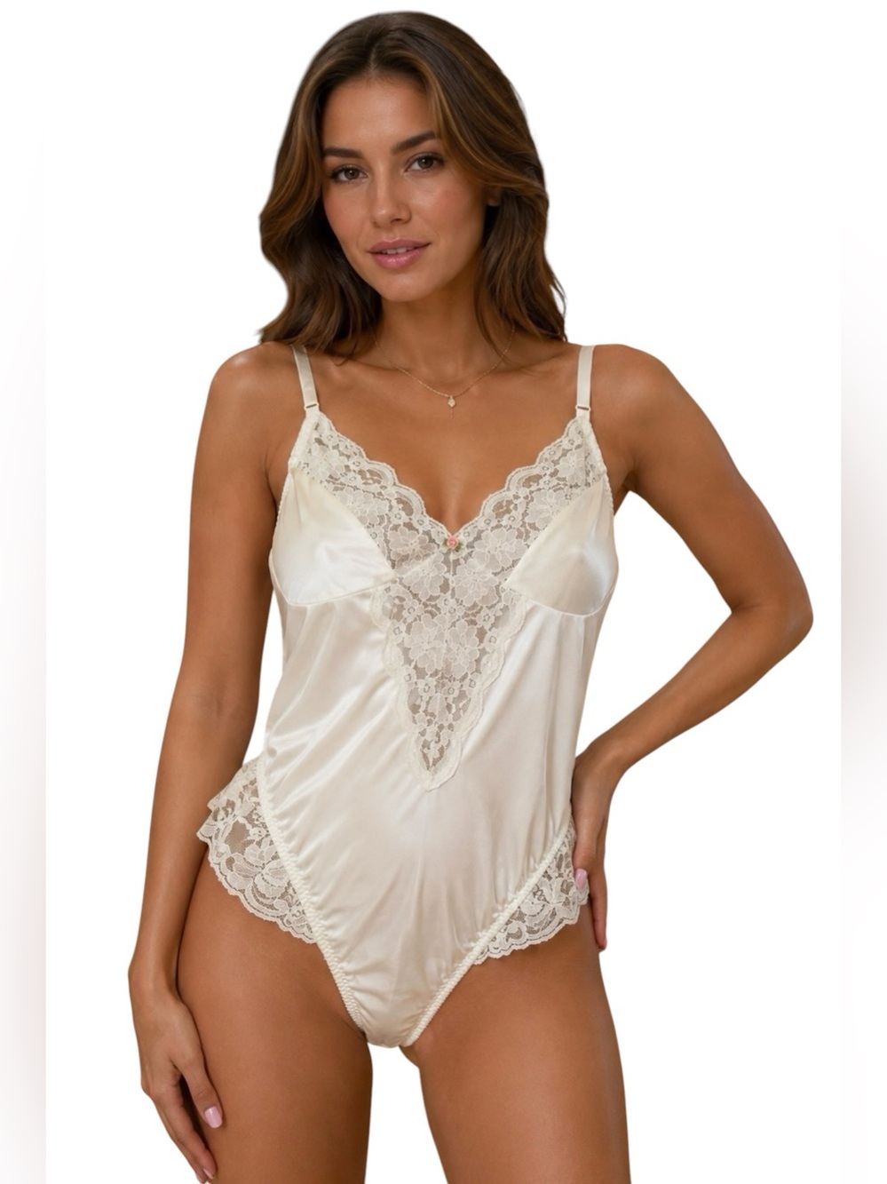 Vintage 80s Ashley Taylor Demure Romantic Ivory Satin Lace Teddy Bodysuit Size M